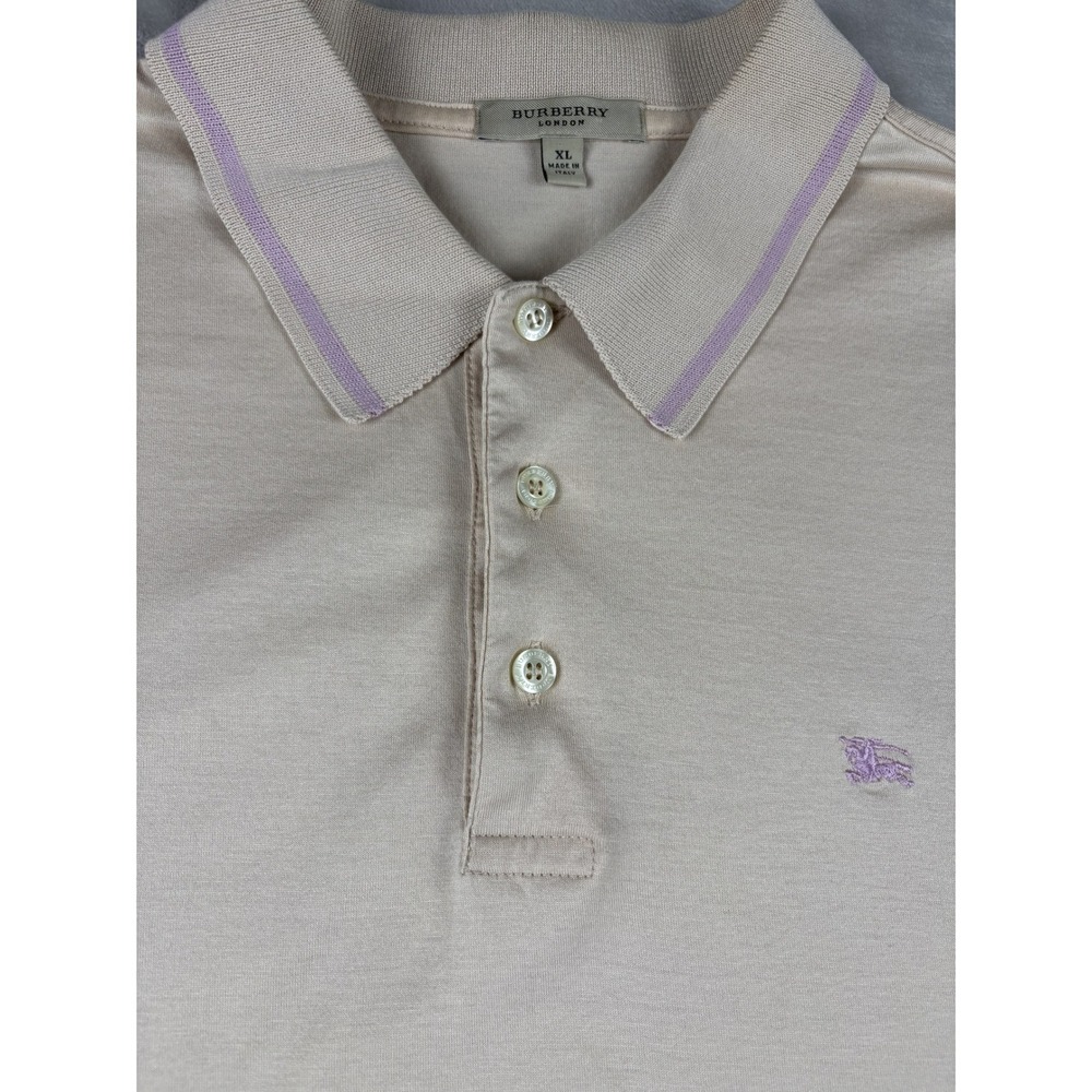 Burberry London Mens XL Polo Shirt Beige Cotton Purple Tipped Collar Made Italy